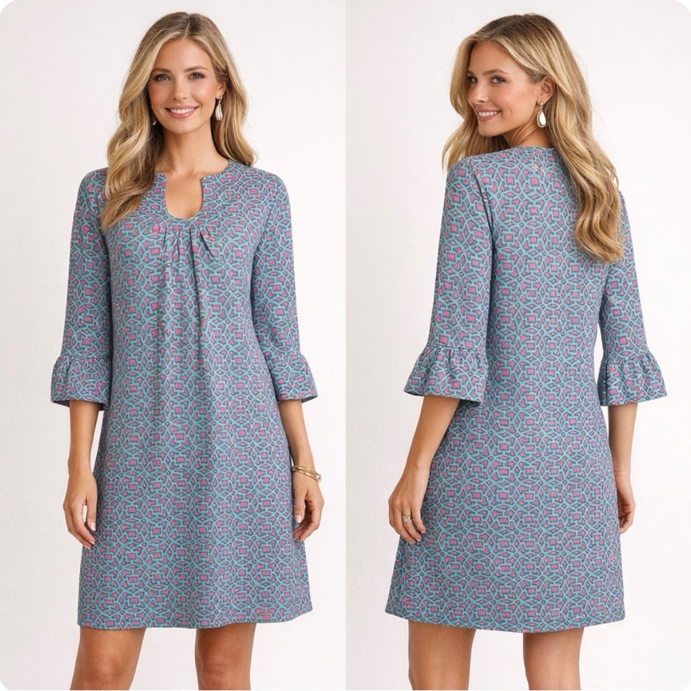Blue Geometric Keyhole Shift Dress
